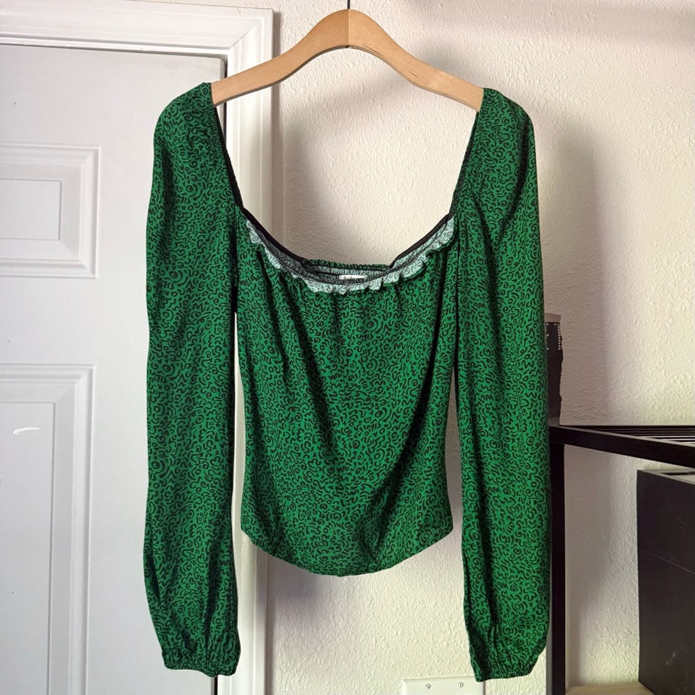REFORMATION green black leopard cheetah square puff long sleeve smocked blouse